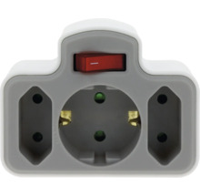 Adaptor triplu pentru priză cu întrerupător, o priză cu contact de protecție și două prize Euro.