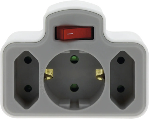 Adaptor triplu pentru priză cu întrerupător, o priză cu contact de protecție și două prize Euro.