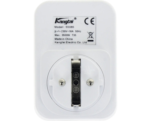 Partea posterioară a unui adaptor de priză Kangtai model 55085 cu date tehnice 230 Volt și 16 Amperi, marcaj CE și simbol de eliminare a deșeurilor.