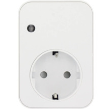 Priză inteligentă albă cu contact de protecție și un mic indicator luminos în stânga sus.