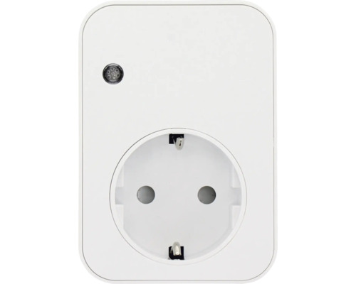 Priză inteligentă albă cu contact de protecție și un mic indicator luminos în stânga sus.