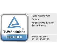 Sigiliul TÜV Rheinland pentru siguranță omologată de tip și monitorizarea regulată a producției.