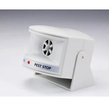 Dispozitiv cu ultrasunete pentru alungarea dăunătorilor Pest Stop cu suport și indicator luminos.