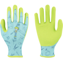 Mănuși de grădinărit pentru copii cu motive de grădină și figurină de băiat, exterior albastru deschis cu model, palmă cu înveliș verde neon.