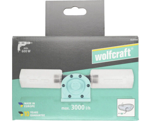 Pompă pentru mașină de găurit Wolfcraft cu Wolfcraft Logo, debit maxim 3000 litri pe oră, de la 600 Wați, 10 ani garanție.