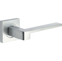 Mâner de ușă modern cu rozetă pătrată cu aspect de oțel inoxidabil periat.