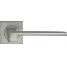 Mâner de ușă modern din oțel inoxidabil cu rozetă pătrată.