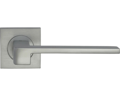 Mâner de ușă modern din oțel inoxidabil cu rozetă pătrată.