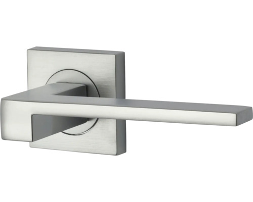 Mâner de ușă modern din oțel inoxidabil periat cu rozetă pătrată.