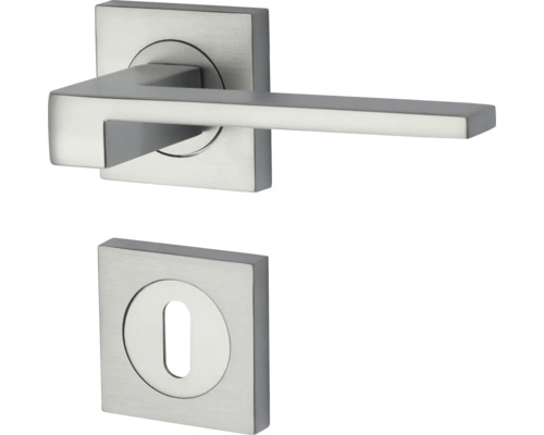 Set de mâner de ușă pătrat din oțel inoxidabil, cu mâner unghiular și rozetă pentru cheie asortată.