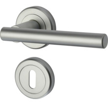 Set de mânere pentru uși din oțel inoxidabil mat cu rozete rotunde pentru uși de interior.