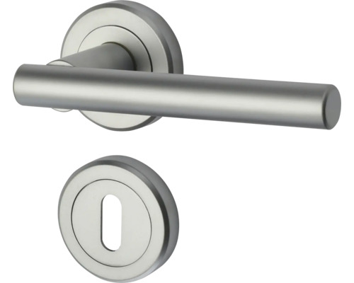 Set de mânere pentru uși din oțel inoxidabil mat cu rozete rotunde pentru uși de interior.