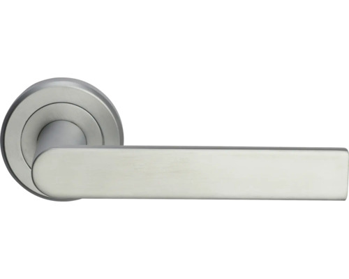 Mâner de ușă modern din oțel inoxidabil cu rozetă rotundă și mâner plat dreptunghiular.