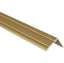 Profil colțar din aluminiu de culoare aurie pentru margini de trepte cu suprafață striată.