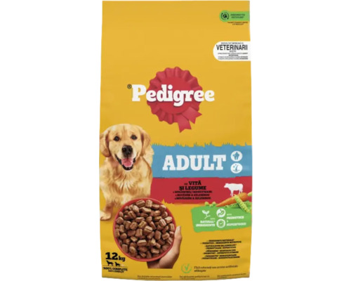Hrană uscată pentru câini adulți Pedigree Adult cu vită și legume, sac de 12 kilograme.