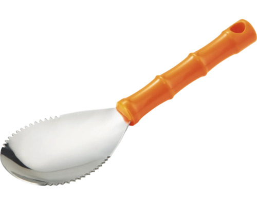 Lopățică pentru transplantat din oțel inoxidabil cu margini zimțate și mâner din plastic portocaliu.