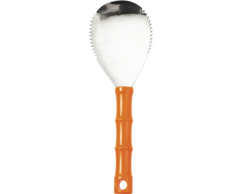 Răzuitor pentru rosturi cu lamă din oțel inoxidabil zimțată și mâner ergonomic din plastic portocaliu.