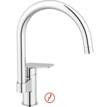 Baterie de bucătărie cromată cu pipă înaltă curbată și monocomandă, adecvată pentru joasă presiune.