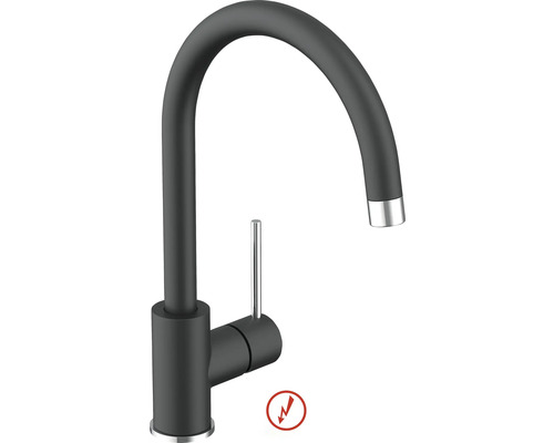 Baterie bucătărie pentru presiune joasă KEO KASIA negru mat Baterie de bucătărie neagră mată cu pipă înaltă în formă de C și manetă cromată, potrivită pentru joasă presiune.