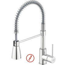 Baterie de bucătărie de joasă presiune cu duș profesional, arc spiralat și monocomandă, cromată. Logo KEO.