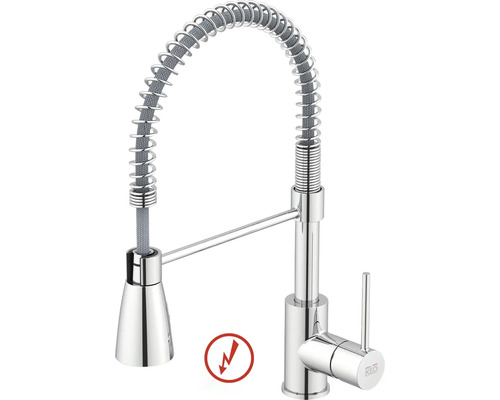 Baterie de bucătărie de joasă presiune cu duș profesional, arc spiralat și monocomandă, cromată. Logo KEO.