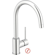 Baterie de bucătărie de joasă presiune cu pipă înaltă curbată și manetă laterală din metal cromat.