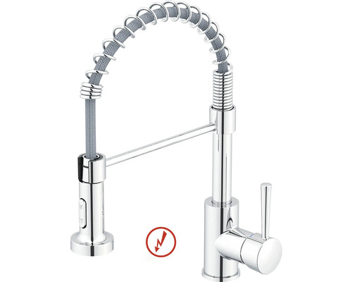 Baterie de bucătărie din crom cu pipă flexibilă, arc spiralat și duș de vase extractibil, adecvată pentru joasă presiune.