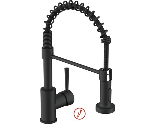 Baterie de bucătărie cu duș flexibil, baterie monocomandă, neagră, presiune scăzută