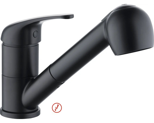 Baterie de bucătărie neagră mată cu duș extractibil și monocomandă, potrivită pentru presiune joasă.