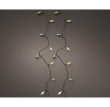 Ghirlandă luminoasă de Crăciun cu LED, cablu verde răsucit și becuri multicolore în formă de flacără.