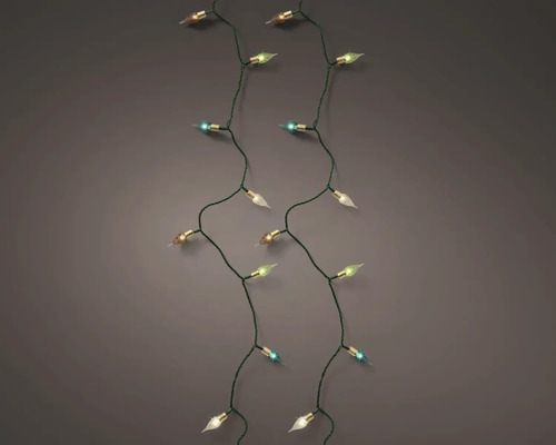 Ghirlandă luminoasă de Crăciun cu LED, cablu verde răsucit și becuri multicolore în formă de flacără.