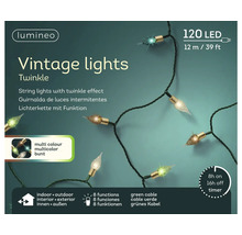 Lumineo Logo. Ghirlandă luminoasă LED Vintage, 120 LED-uri colorate, cablu verde de 12 metri, 8 funcții, temporizator, interior și exterior.