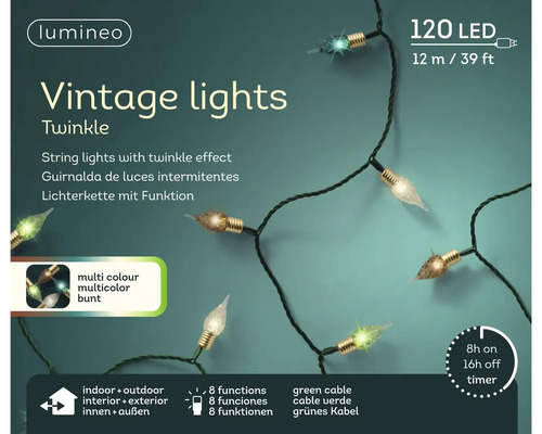 Lumineo Logo. Ghirlandă luminoasă LED Vintage, 120 LED-uri colorate, cablu verde de 12 metri, 8 funcții, temporizator, interior și exterior.