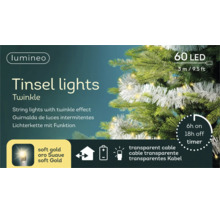 Ghirlandă luminoasă Lumineo Tinsel lights Twinkle cu 60 LED-uri soft gold, 3 metri, pe baterii cu temporizator, cablu transparent, de interior.