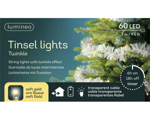 Ghirlandă luminoasă Lumineo Tinsel lights Twinkle cu 60 LED-uri soft gold, 3 metri, pe baterii cu temporizator, cablu transparent, de interior.