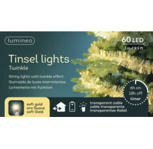 Logo Lumineo, ghirlandă luminoasă cu 60 de becuri LED aurii, lungime 3 metri, cu temporizator și alimentare prin baterii.