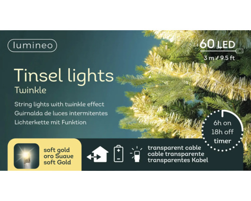 Logo Lumineo, ghirlandă luminoasă cu 60 de becuri LED aurii, lungime 3 metri, cu temporizator și alimentare prin baterii.