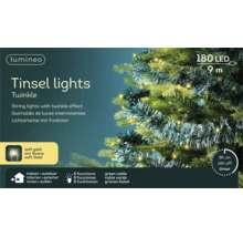 Ghirlandă Lumineo Tinsel lights Twinkle, 180 lumini, soft gold, 9 metri, 8 funcții, temporizator, interior și exterior, pe un brad de Crăciun.