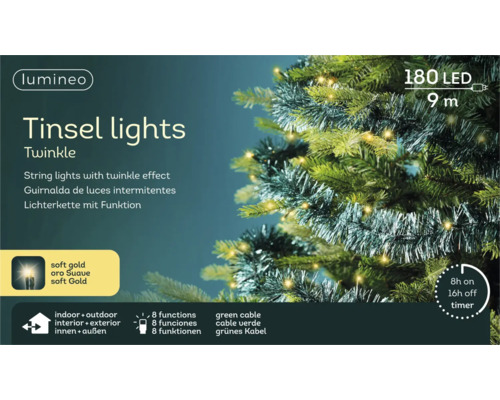 Ghirlandă Lumineo Tinsel lights Twinkle, 180 lumini, soft gold, 9 metri, 8 funcții, temporizator, interior și exterior, pe un brad de Crăciun.