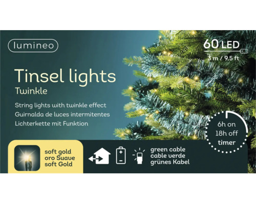 Ghirlandă luminoasă cu LED Lumineo Tinsel lights Twinkle cu 60 de LED-uri, lungime 3 metri, pe baterii, cu temporizator și cablu verde.
