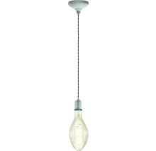 Pendul cu dulie din metal gri, cablu textil răsucit negru și bec LED cu filament mare în formă de picătură.