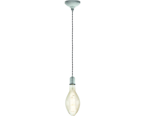 Pendul cu dulie din metal gri, cablu textil răsucit negru și bec LED cu filament mare în formă de picătură.