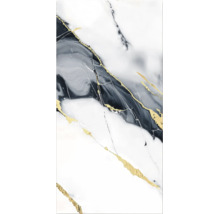 Decorațiune de perete cu model abstract de marmură în gri și alb cu accente aurii.