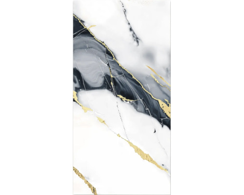Decorațiune de perete cu model abstract de marmură în gri și alb cu accente aurii.