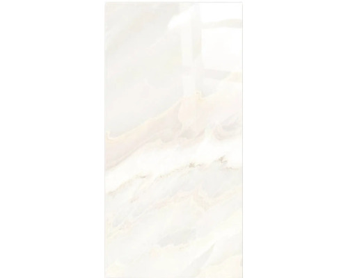 Placă ceramică porțelanată lustruită cu aspect de onix, culoare crem cu nervuri fine, format dreptunghiular.