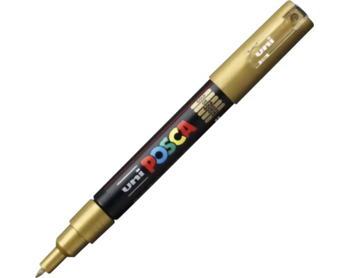 Marker Uni Posca cu capac auriu și vârf fin.