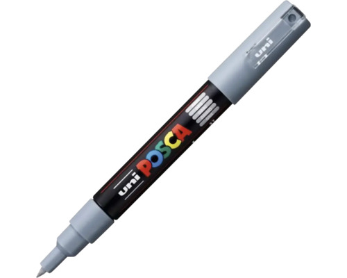 Marker Uni Posca gri cu vârf rotund fin și capac scos.