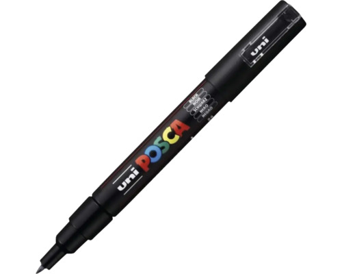 Marker acrilic Uni Posca cu vârf rotund fin în culoarea neagră pentru desen și marcare de precizie pe diverse suprafețe.