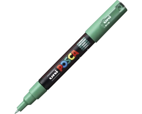 Marker acrilic Uni Posca cu vârf rotund fin verde.