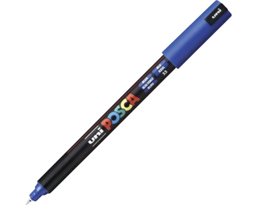 Marker acrilic Uni POSCA PC-1M cu vârf rotund extra fin. Marker albastru pentru desen precis pe diverse suprafețe.